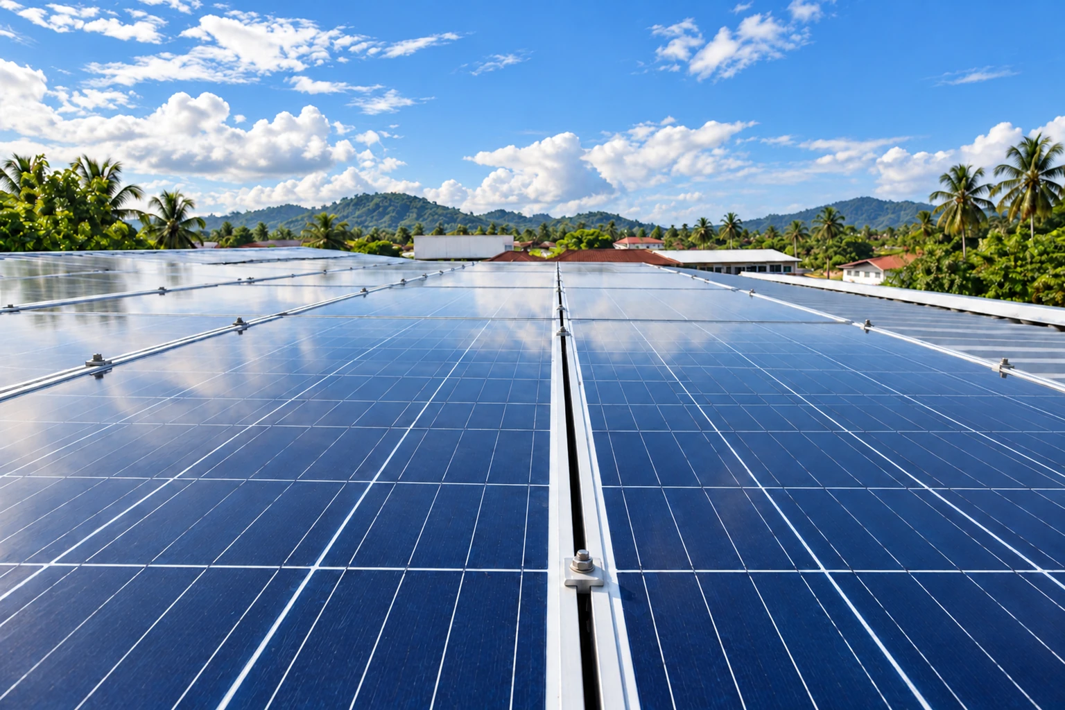 Solar panels with tropical greenery in the background