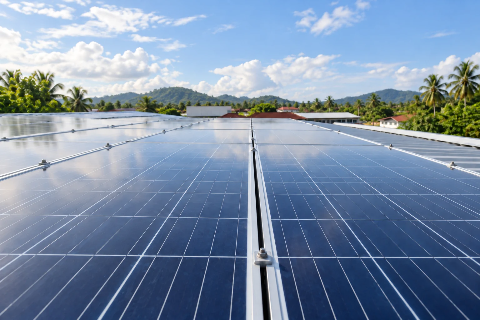 Solar panels with tropical greenery in the background